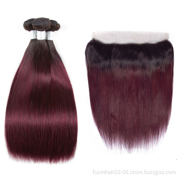 Wholesale Factory 1B 99J bundle With Closure Straight Hair Weave Cuticle Aligned Hair With Frontal